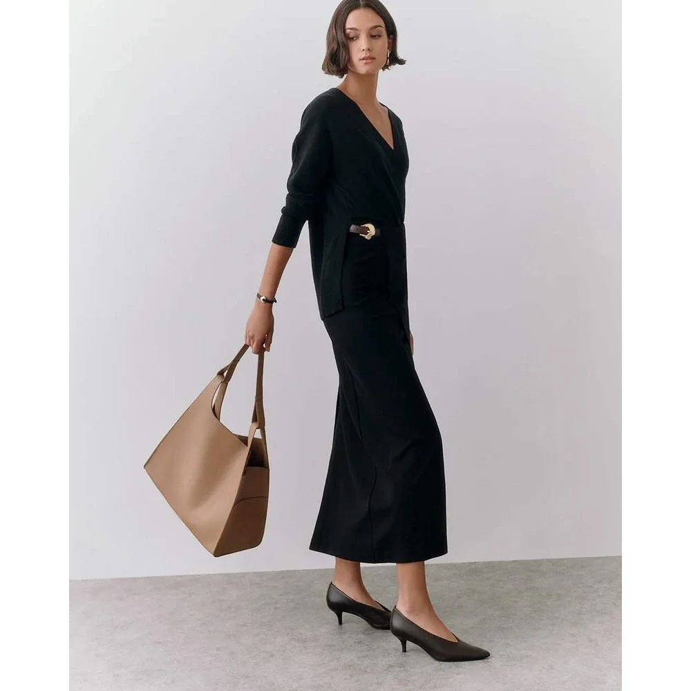 Cuyana Oversized Double Loop Leather Tote Cappuccino Pebbled Shoulder Work Bag